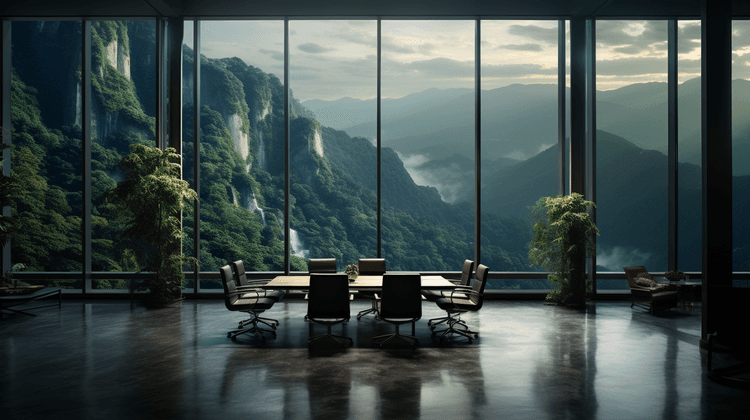 Remote-work office overlooking a mountain landscape