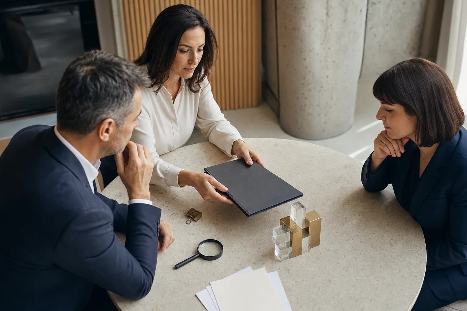 Three independent valuation professionals reviewing a receivables dossier beside an abstract capital model