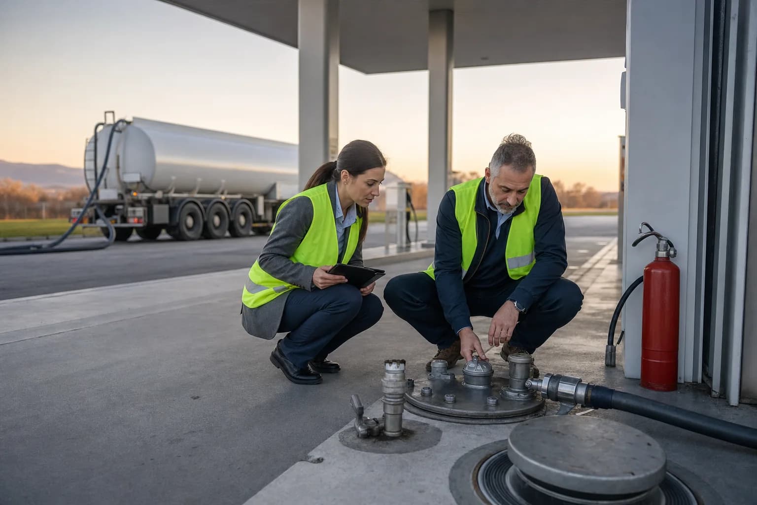 Two fuel compliance professionals inspecting an underground tank connection at an unbranded Bulgarian filling station