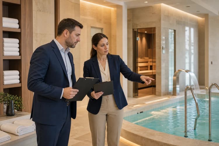 Управляющий объектом и санитарный инспектор проверяют современный SPA-центр в Болгарии