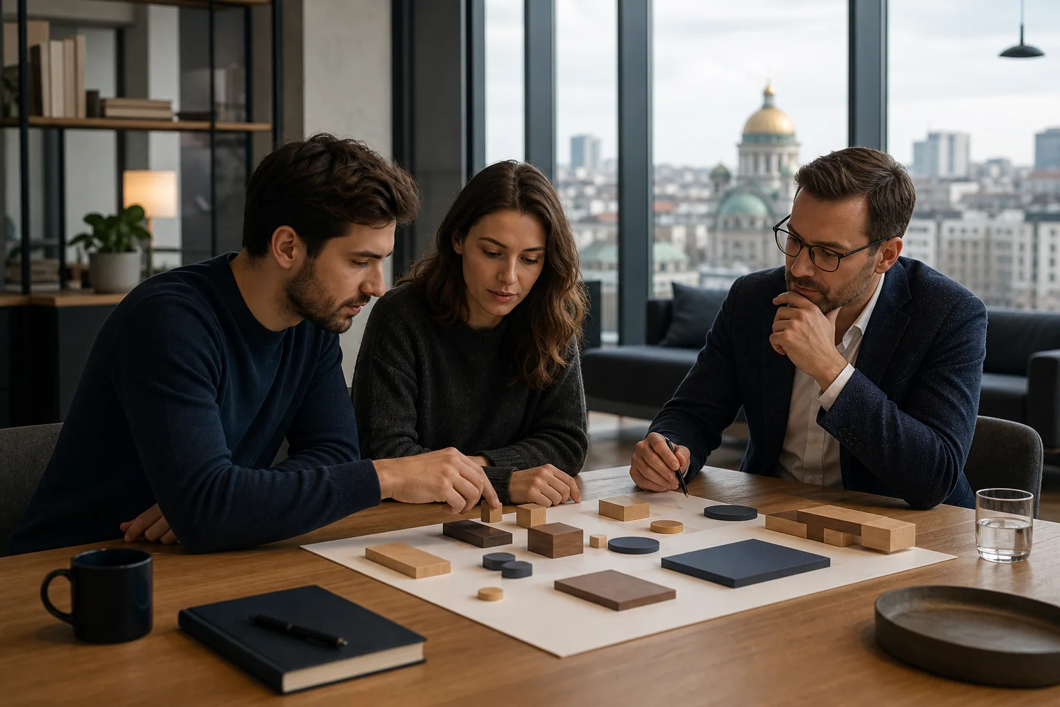 Founders and adviser mapping flexible startup ownership in a Sofia office
