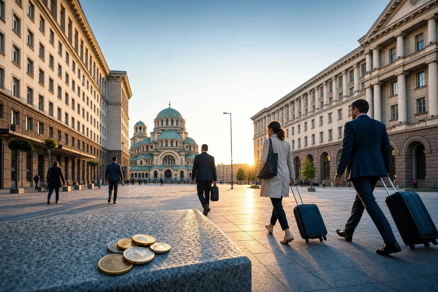 Business travellers crossing a central Sofia square after Bulgaria joined the euro area