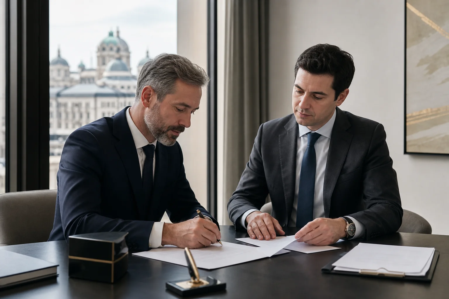 A foreign founder reviewing company incorporation documents with a Bulgarian adviser