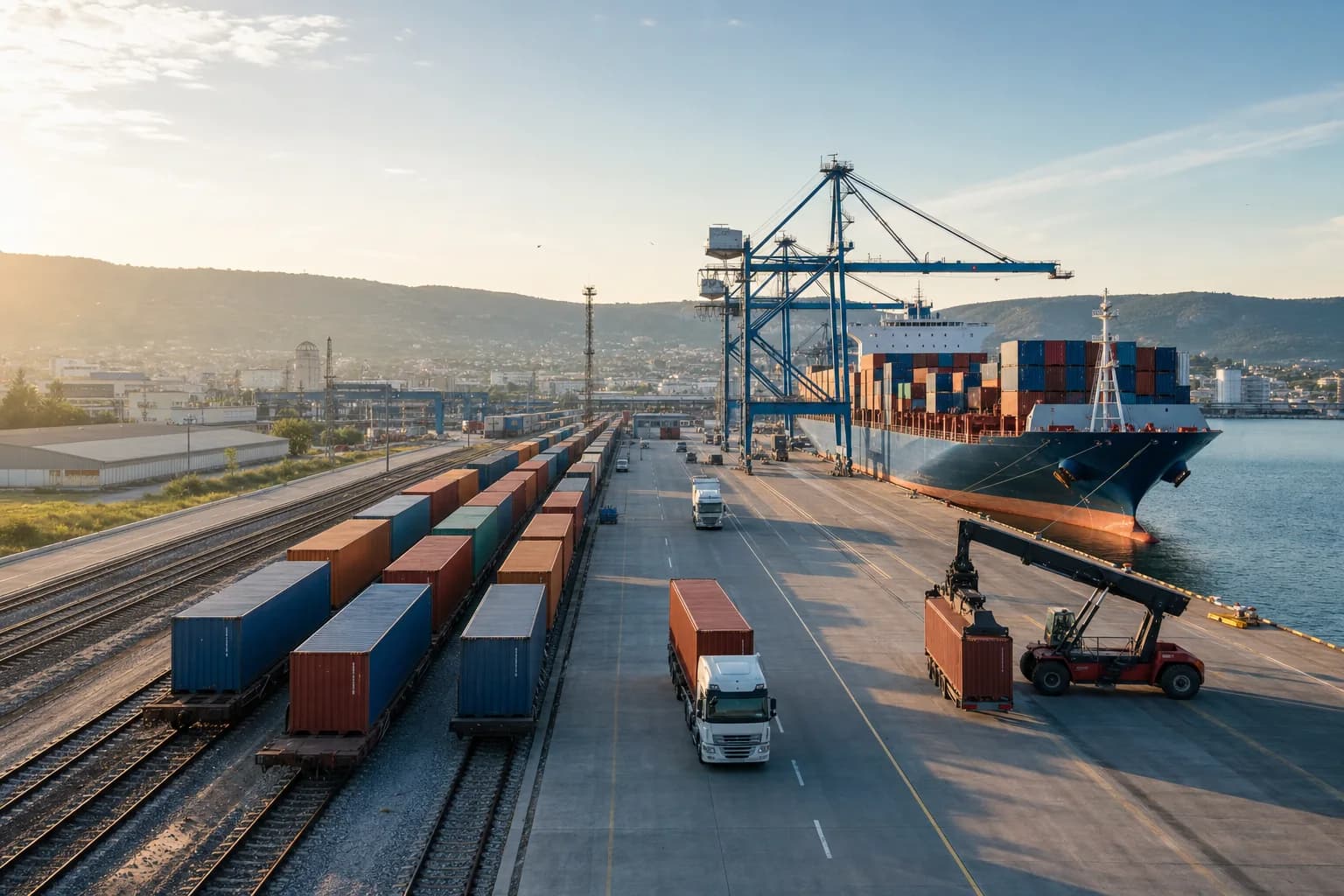 An intermodal logistics hub connecting a Black Sea port, rail freight and road transport