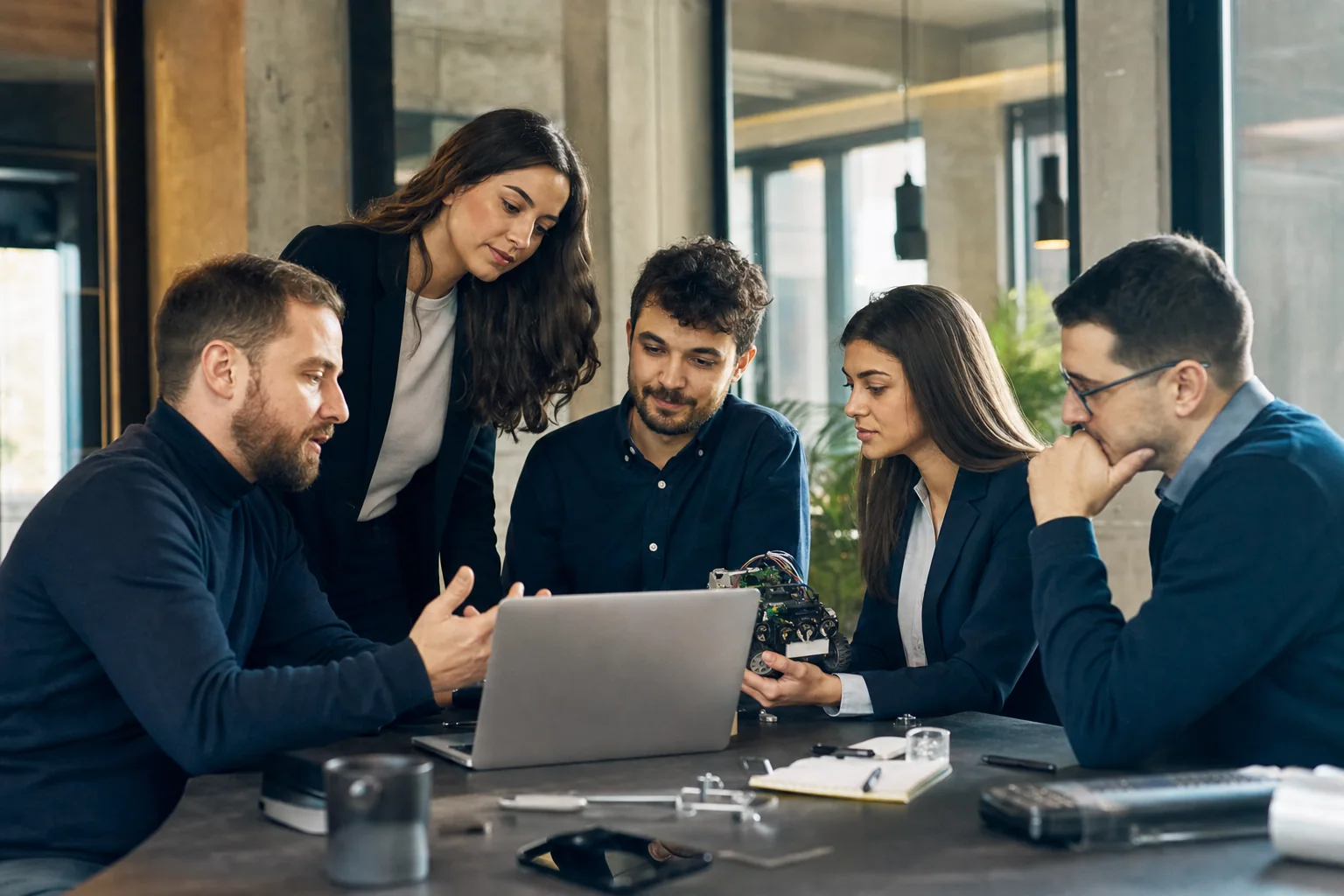 Bulgarian technology and engineering professionals solving a problem together