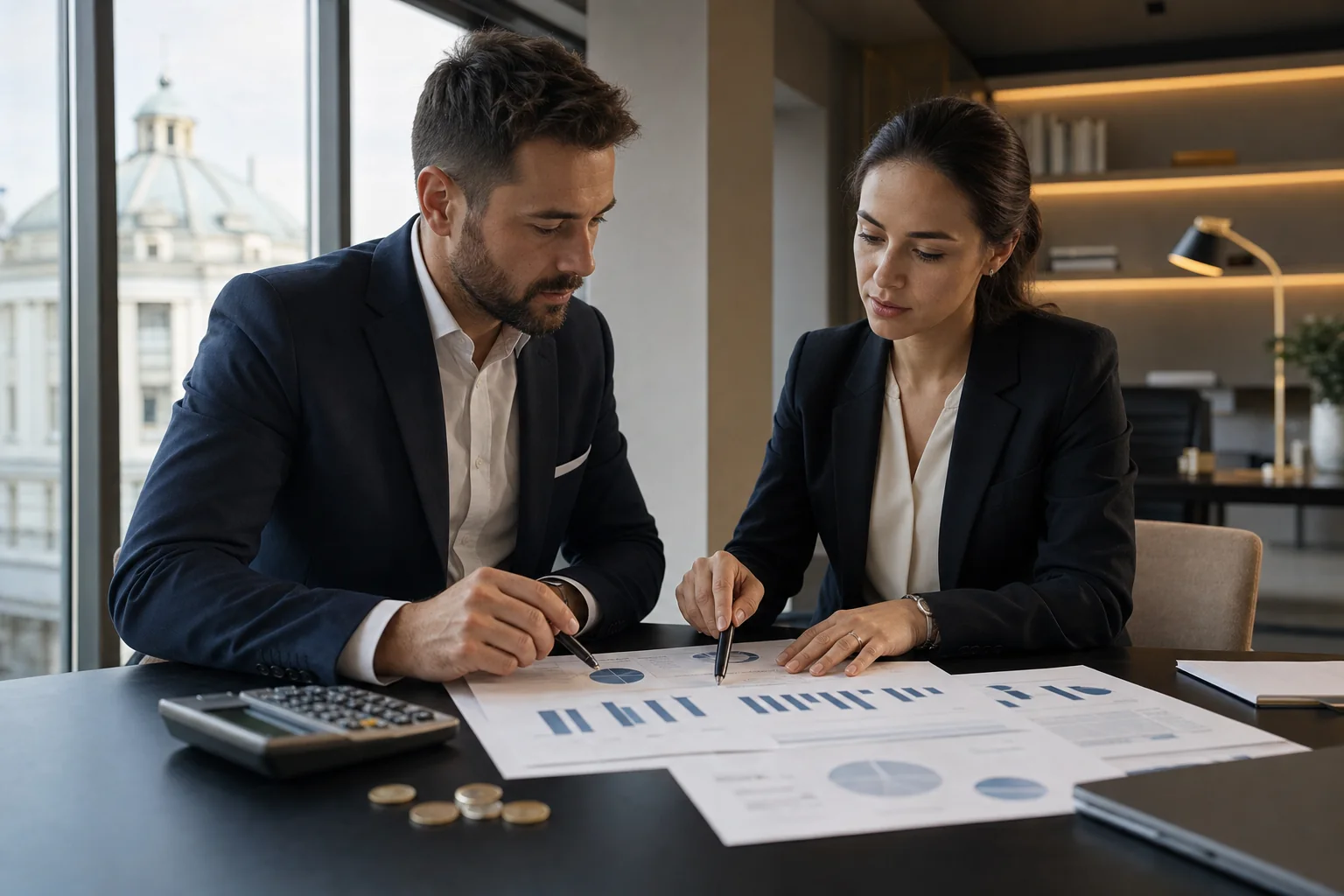 A founder and tax adviser reviewing financial plans in a Sofia office