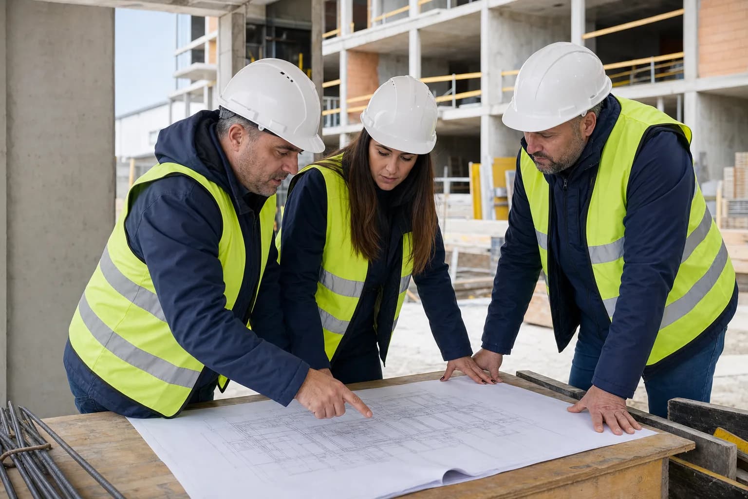 Construction managers in safety gear reviewing project plans at a Bulgarian building site