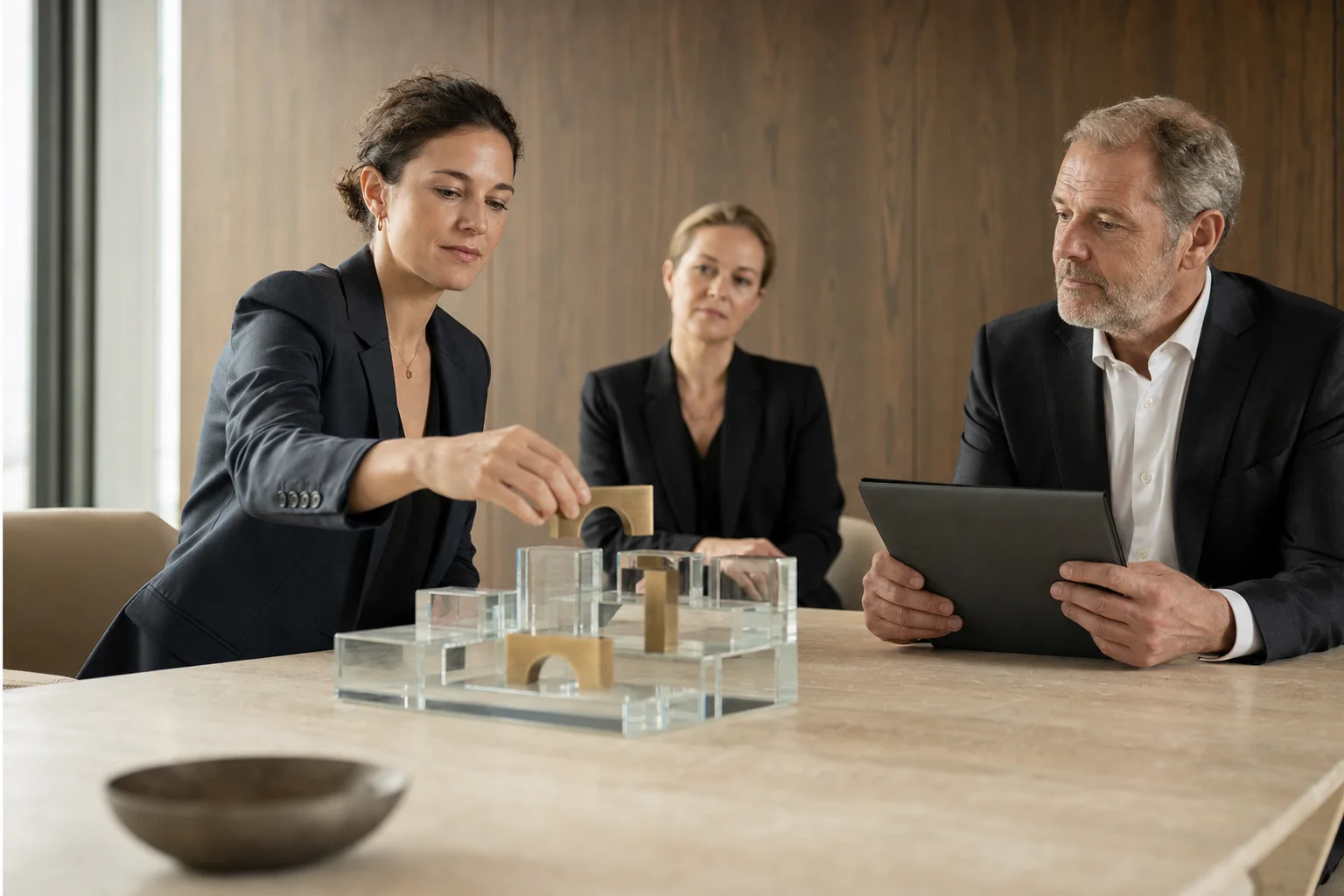 Incoming executive placing a brass bridge into a glass company model during a formal management handover