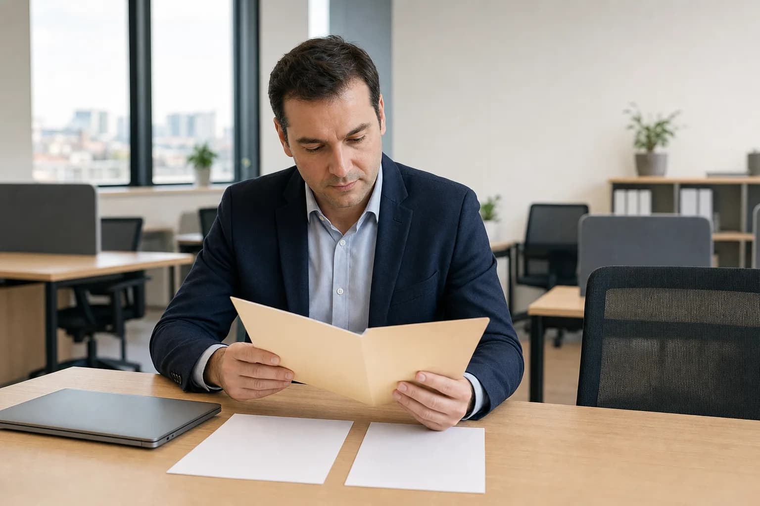 Company director reviewing compliance documents in a quiet inactive Sofia office