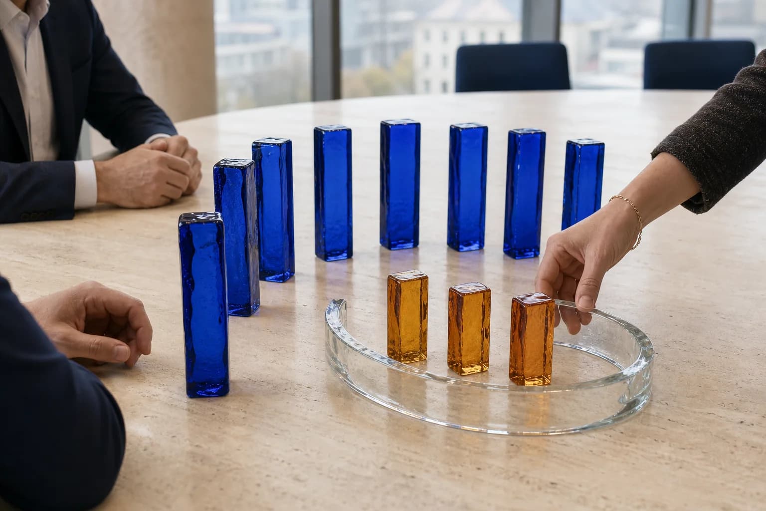 Amber minority voting markers protected by a clear glass arc among cobalt majority markers in a boardroom