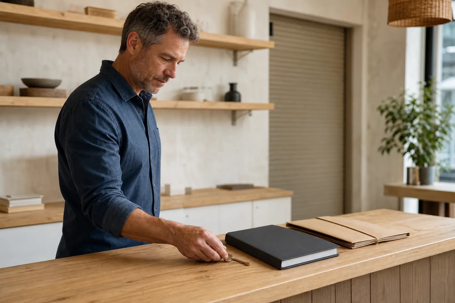 Sole trader placing a final brass shop key beside blank accounting and archive folders in a cleared Sofia studio